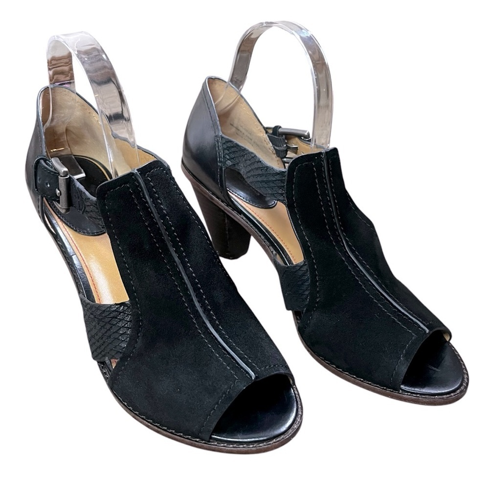Trask black suede peep toe heels size 10